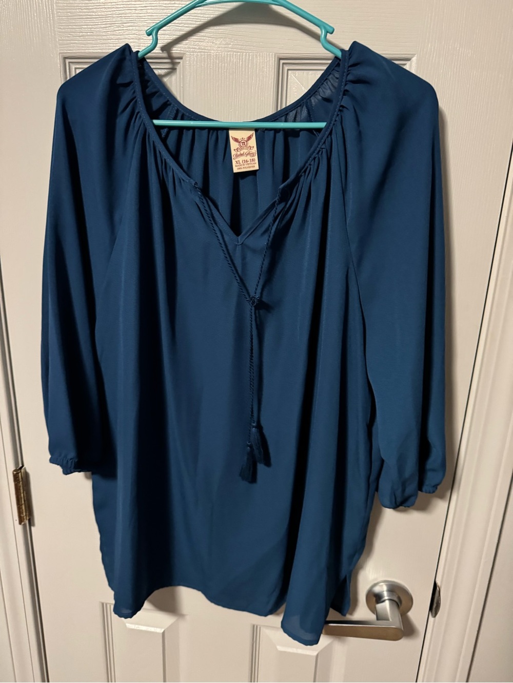 Faded Glory Teal Blue Peasant Blouse with Tassel Tie